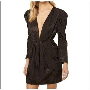 MISA Los Angeles Size 2 Black Charlize Mini Dress Puff Long Sleeve Plunging Neck